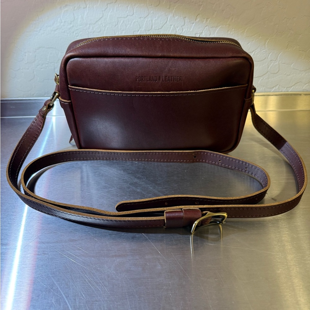 Portland Leather Goods Crossbody Camera  Bag Purse Cognac Large Size